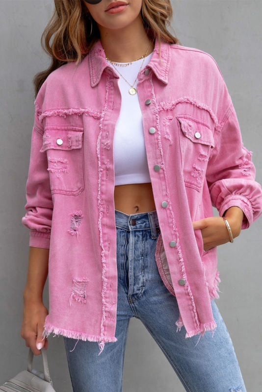 Pink Distressed Flap Pockets Raw Edge Denim Shacket LC788186-10
