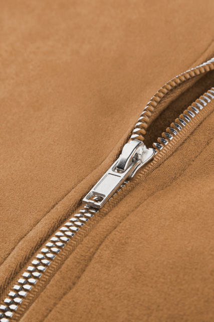 Brown Zipped Notch Collar Short Jacket LC85294-17