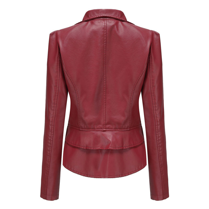 Wine Red Removable Hem Leather PU Leather Jacket TQK280125-23
