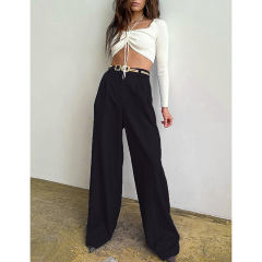 Black High Waisted Draped Wide Leg Pants TQV510042-2