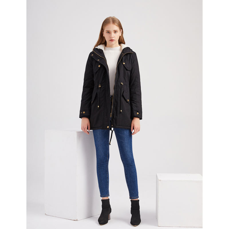 Black Waist Drawstring Plush Hooded Thick Parka Coat TQK280127-2