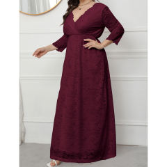 Burgundy V-Neck Lace Plus Size Dress TQK310997-23