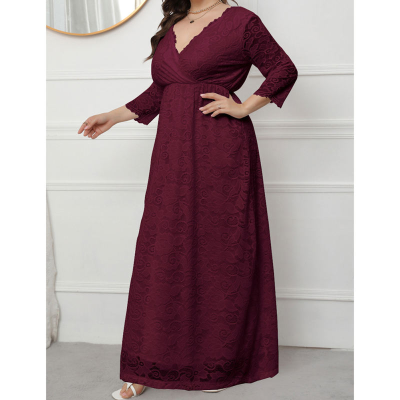 Burgundy V-Neck Lace Plus Size Dress TQK310997-23