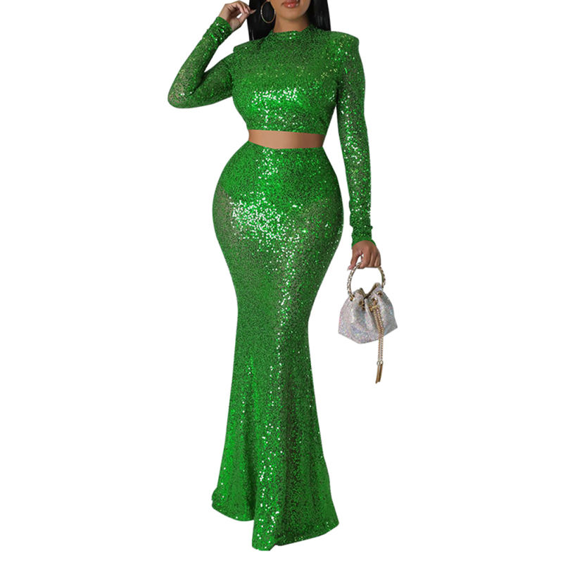 Green Sequined Crop Top with Fishtail Skirt Set TQV810034-9