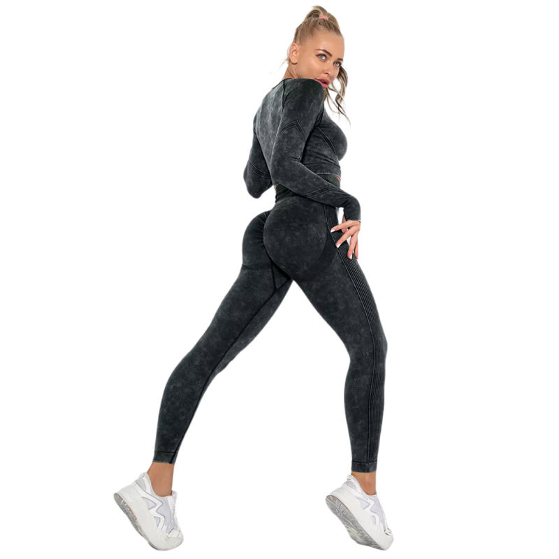 Black Nylon Seamless Long Sleeve Pant Yoga Set TQE91361-2
