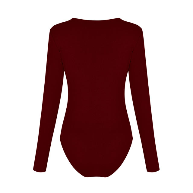 Wine V Neck Long Sleeve Bodysuit TQK550147-103