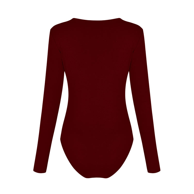 Wine V Neck Long Sleeve Bodysuit TQK550147-103