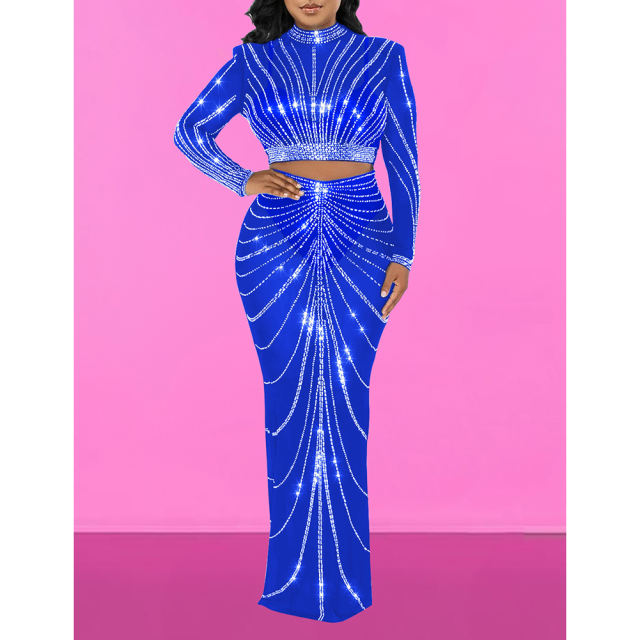 Blue Rhinestones Long Sleeve Crop with Maxi Skirt Set TQV810029-5