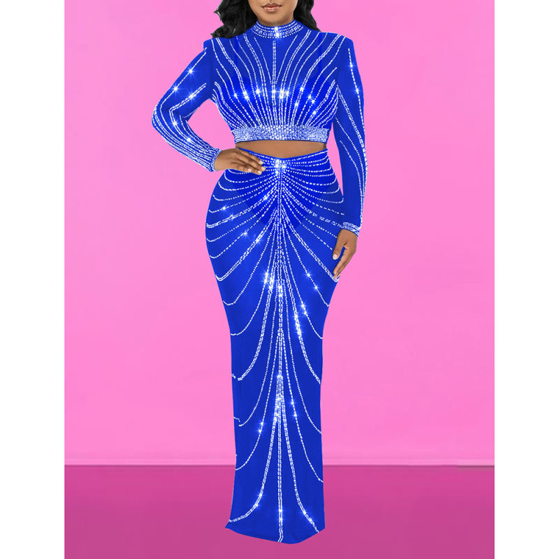 Blue Rhinestones Long Sleeve Crop with Maxi Skirt Set TQV810029-5
