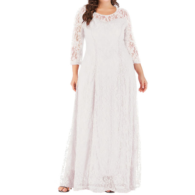 White 3/4 Sleeve Crew Neck Lace Plus Size Dress TQK310977-1