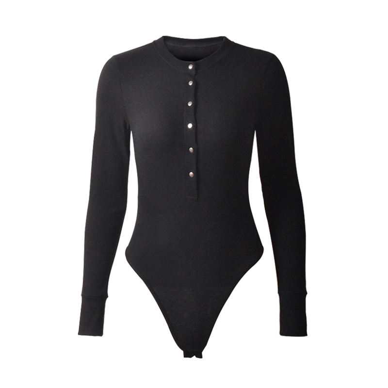 Black Long Sleeve Button Down Bodysuit TQK550097-2