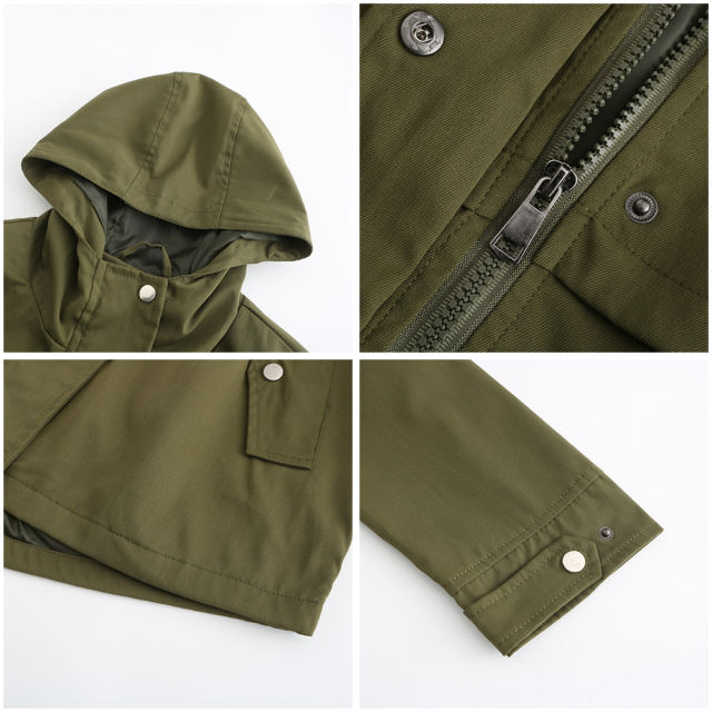 Army Green Waist Drawstring Hooded Outdoor Rainproof Coat TQK280126-27