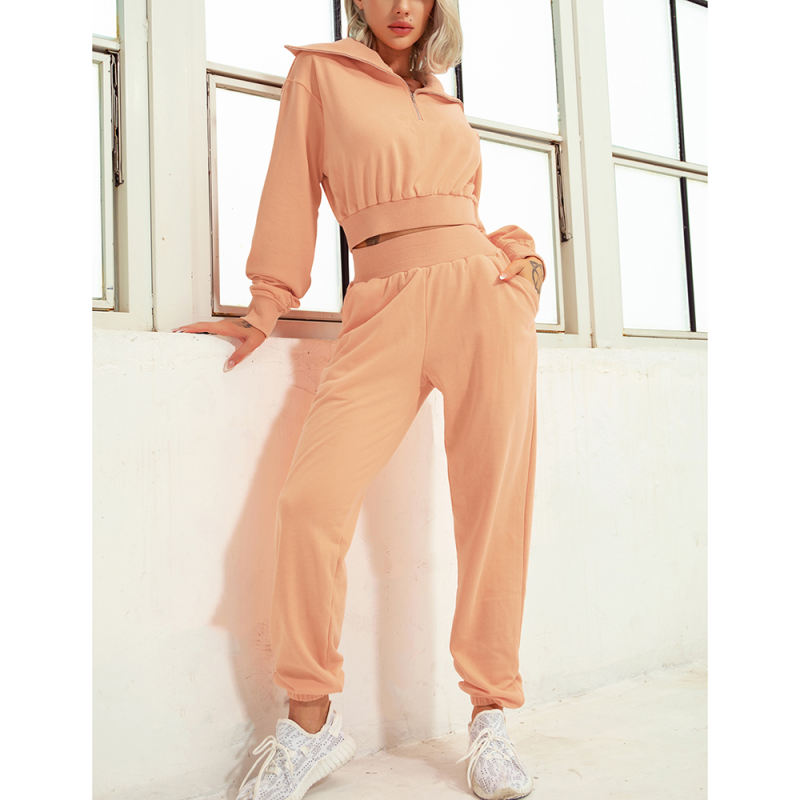 Orange Zipper-up Cotton Sweatshirt with Pant Sports Set TQE91573-14