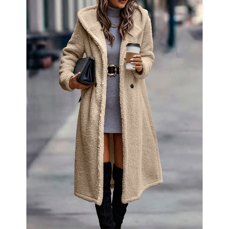 Apricot Open Front Long Sleeve Hooded Fleece Coat TQK280217-18