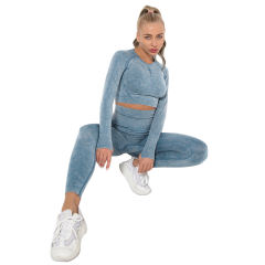Blue Nylon Seamless Long Sleeve Pant Yoga Set TQE91361-5