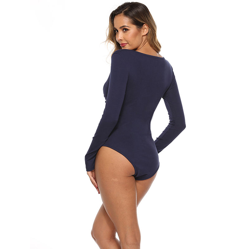 Navy Blue V Neck Long Sleeve Bodysuit TQK550147-34