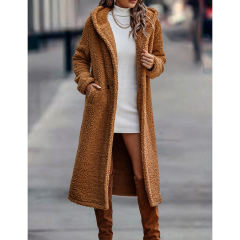 Brown Open Front Long Sleeve Hooded Fleece Coat TQK280217-17