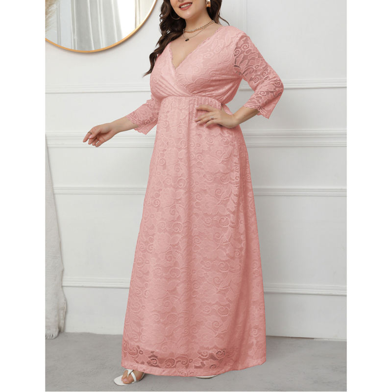 Pink V Neck Lace Plus Size Evening Dress TQV310004-10