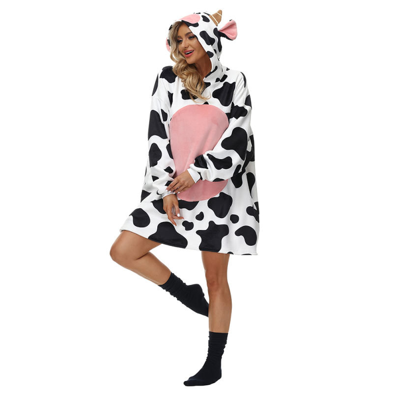 Black White Cow Cartoon Print Blanket Hoodie TQK230364-37