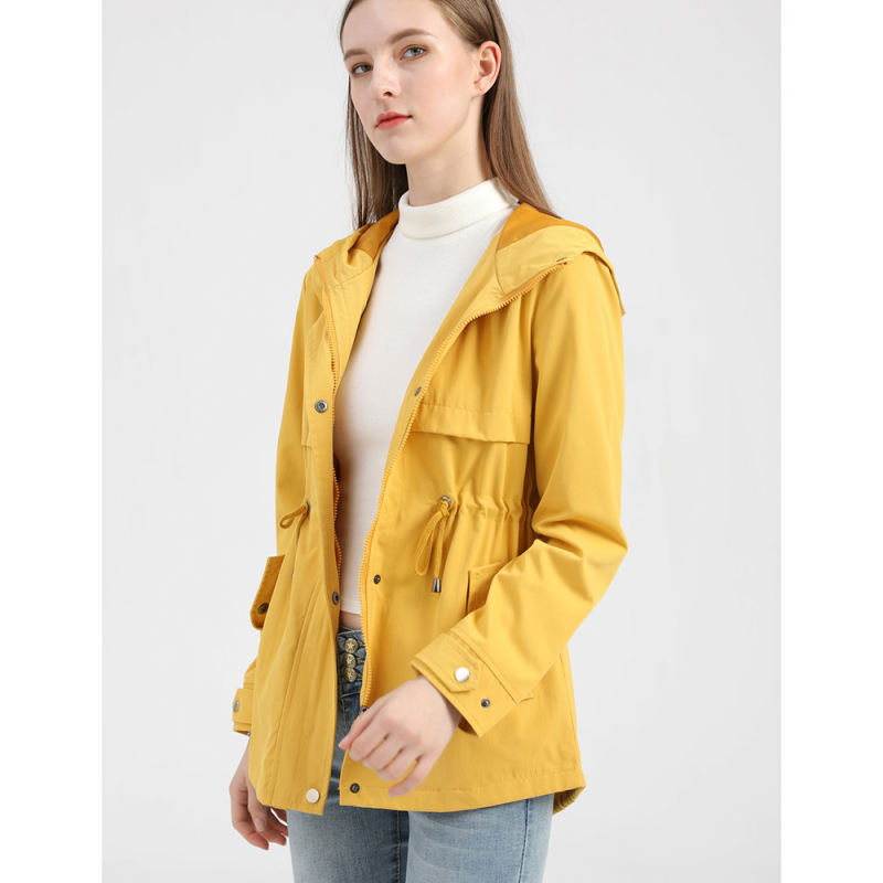 Yellow Waist Drawstring Hooded Outdoor Rainproof Coat TQK280126-7