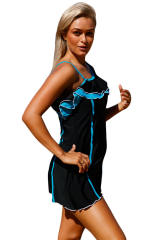 Black Blue Ruffle 1pc Swim Dress with Shorts