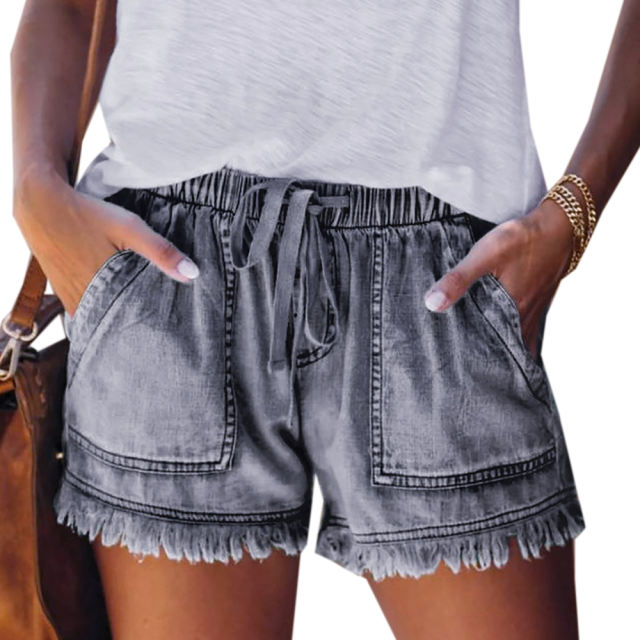 Gray Pocket Drawstring Denim Shorts TQK530023-11