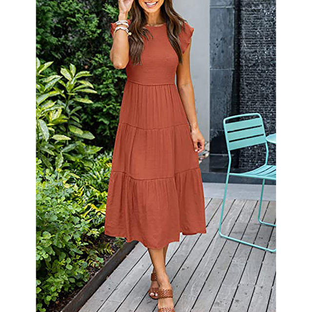 Orange Ruffled Sleeve Pleated Layered Casual Dress TQV310008-14