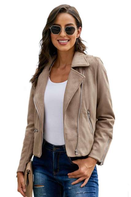 Khaki Zipped Notch Collar Short Jacket LC85294-16