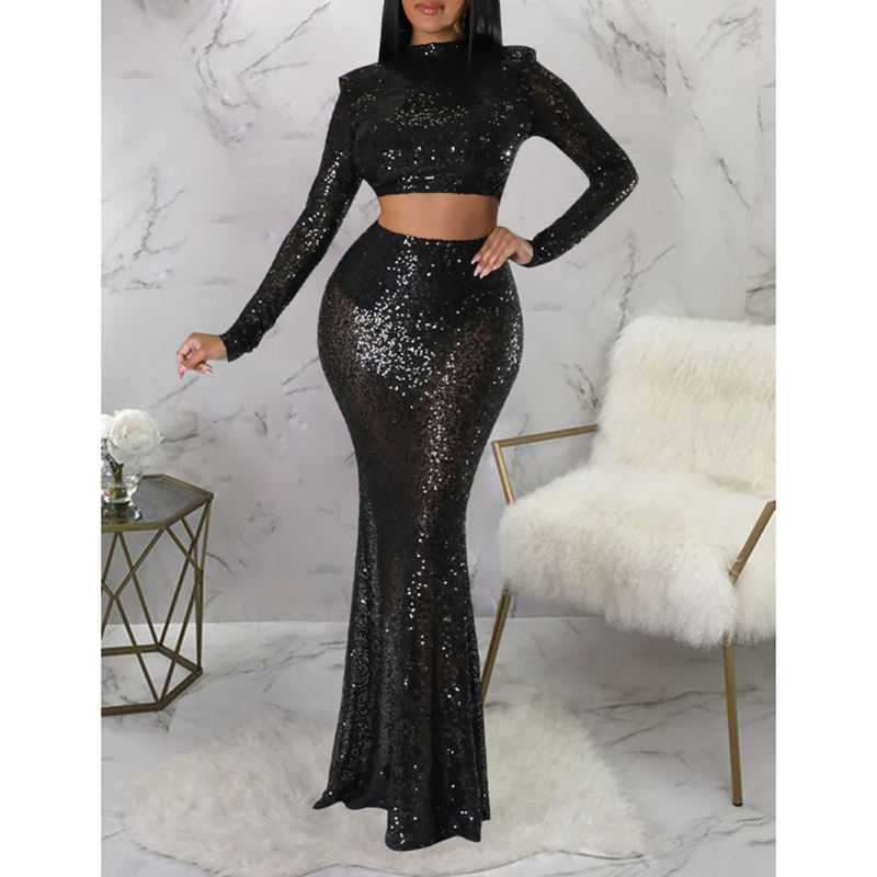 Black Sequined Crop Top with Fishtail Skirt Set TQV810034-2