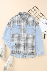 Sky Blue Plaid Patchwork Fringed Flap Pockets Denim Jacket LC854131-4