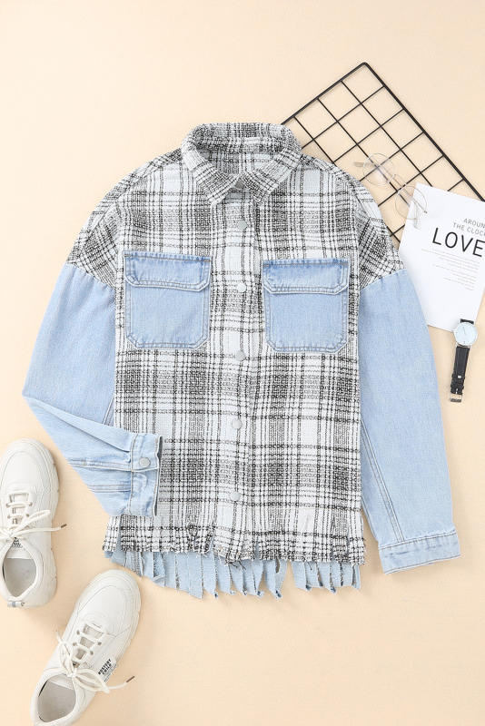 Sky Blue Plaid Patchwork Fringed Flap Pockets Denim Jacket LC854131-4
