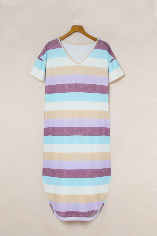 Striped Color Block V Neck T Shirt Midi Dress LC619236-19