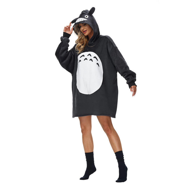 Dark Gray Totoro Cartoon Print Blanket Hoodie TQK230373-26