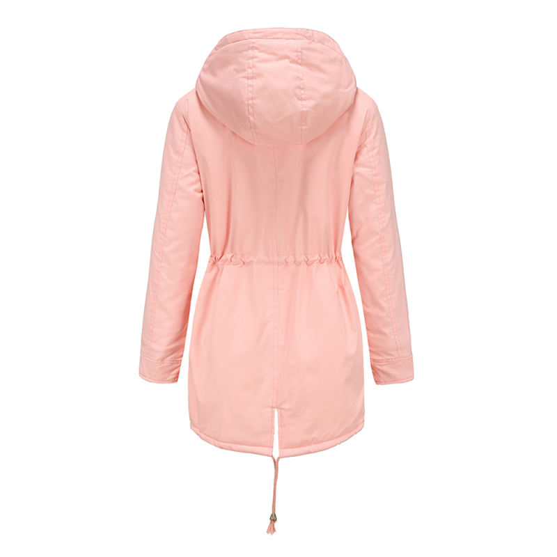 Pink Waist Drawstring Plush Hooded Thick Parka Coat TQK280127-10