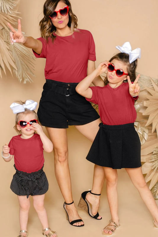 Red Solid Color Short Sleeve Crewneck Kid\'s Tee