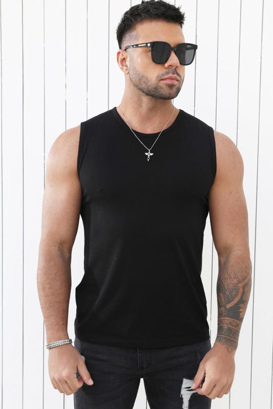Black Solid O Neck Slim-fit Men\'s Tank Top MC256181-2