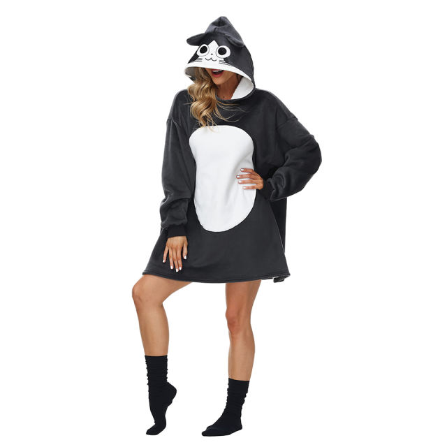 Dark Gray Cartoon Print Blanket Hoodie TQK230374-26