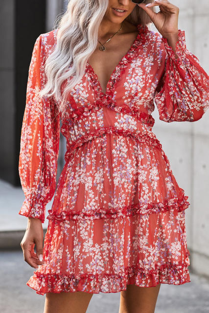 Red Ruffle Detailing Open Back Floral Dress LC220829-103