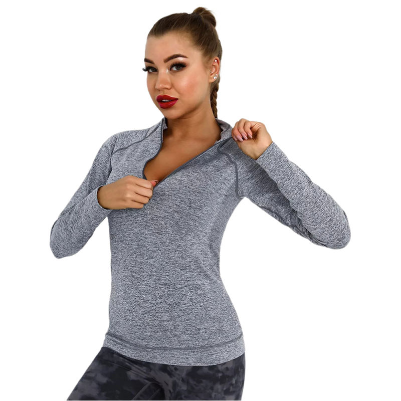 Dark Gray Quick Dry Zipper Knit Tight Yoga Tops TQE91363-23