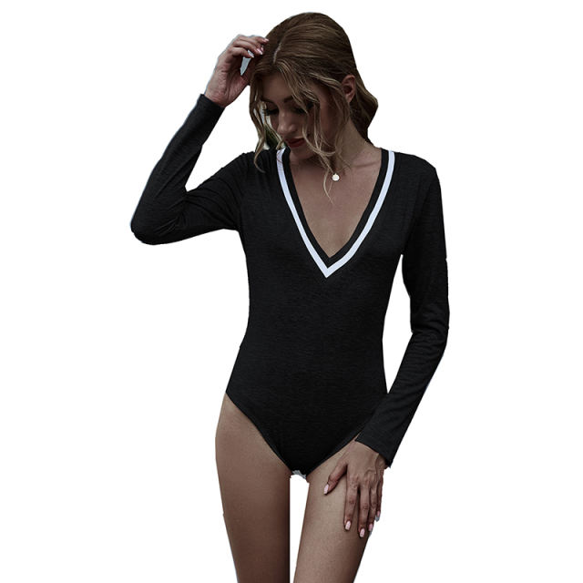 Black Cotton Blend V Neck Bodysuit TQK550198-2