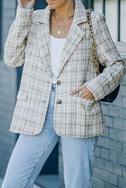 White Pockets Lapel Collar Plaid Blazer LC852357-1