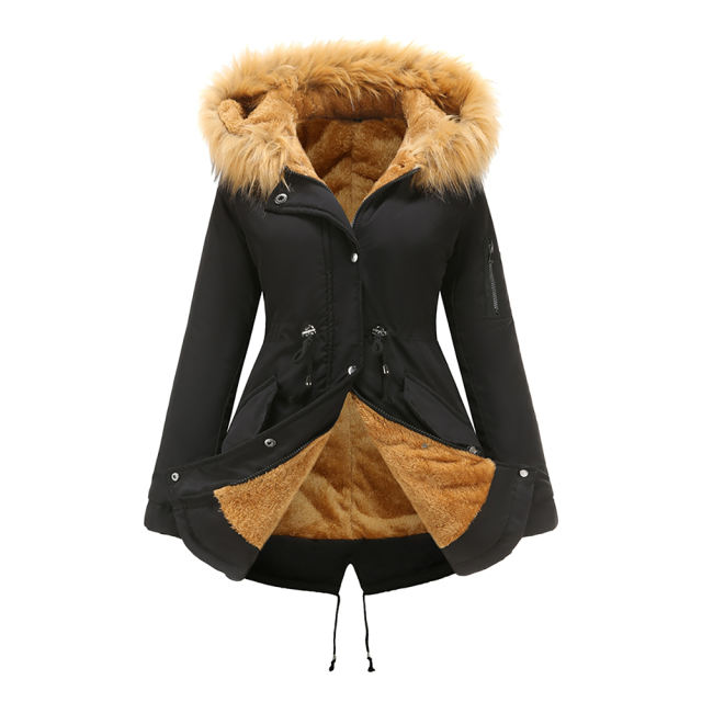 Black Brown Fur Collar Drawstring Waist Warm Hooded Parka Coat TQK280130-2B