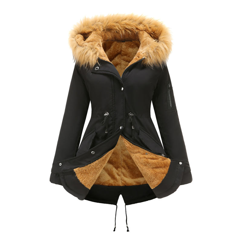 Black Brown Fur Collar Drawstring Waist Warm Hooded Parka Coat TQK280130-2B