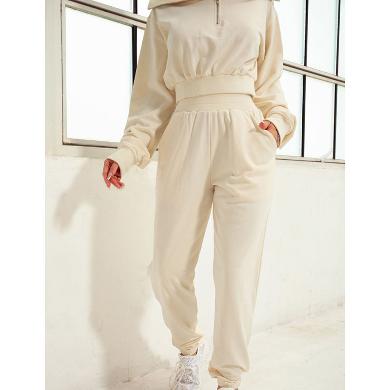 Apricot Zipper-up Cotton Sweatshirt with Pant Sports Set TQE91573-18