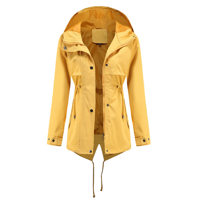 Yellow Waist Drawstring Hooded Outdoor Rainproof Coat TQK280126-7