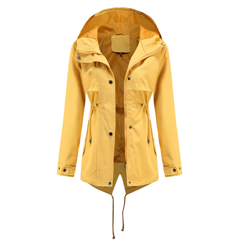Yellow Waist Drawstring Hooded Outdoor Rainproof Coat TQK280126-7