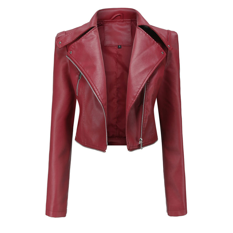 Wine Red Removable Hem Leather PU Leather Jacket TQK280125-23