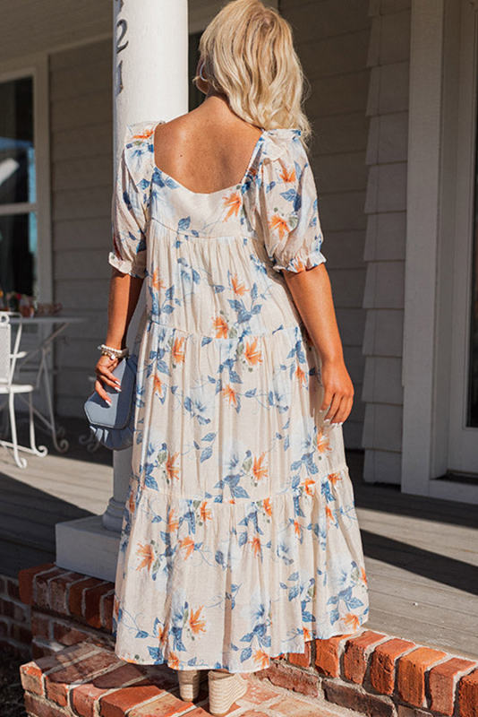 White Floral Print Puff Sleeve Square Neck Plus Size Dress PL61084-1