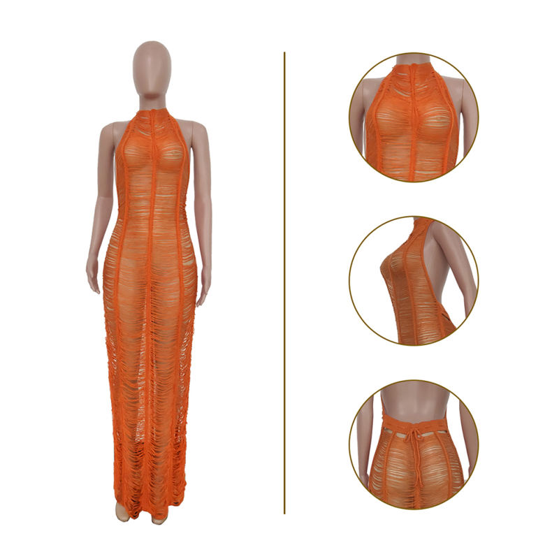 Orange Hollow Out Halter Backless Beach Maxi Skirt TQK650102-14