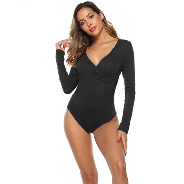 Black V Neck Long Sleeve Bodysuit TQK550147-2